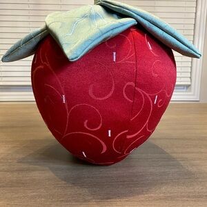 Decorative red & green fabric strawberry pillow. Handmade.